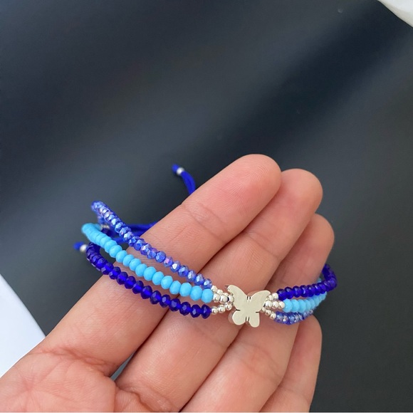 925 Sterling Silver Blue Thread  Butterfly Adjustable Three Layer Bracelet - Picture 5 of 13